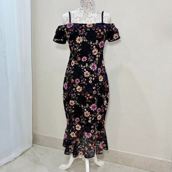 Guess Floral Lace Off The Shoulder Midi Dress (Optional Shoulder Straps) - Picture 1 of 8